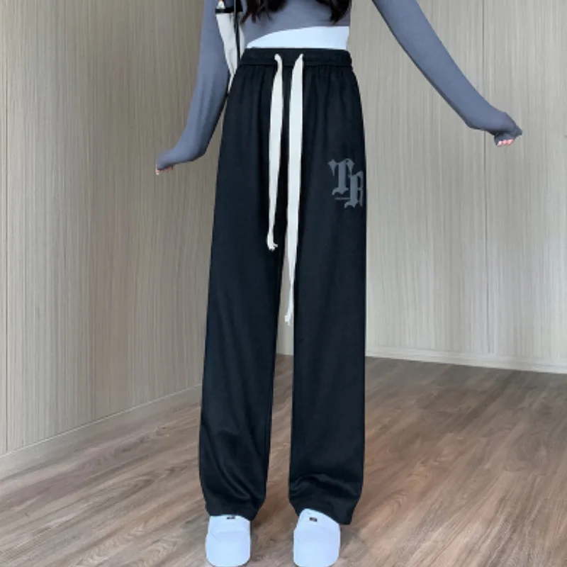 

Letter Printing Black High Waist Drawstring Sweatpants Fashion Straight Pocket Bind Feet Pants Street Baggy Leg Trouser Women's