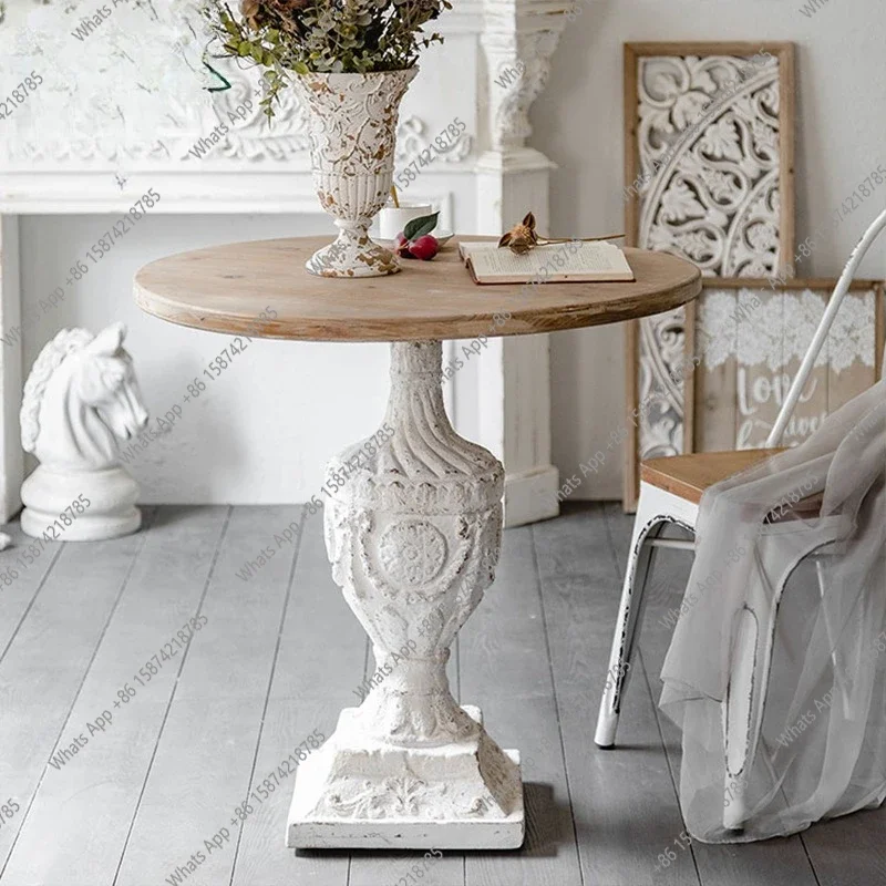 Xx French Retro Light Luxury Carved Small Round Table Balcony Old Solid Wood Coffee Table Cafe Decoration Table Wedding