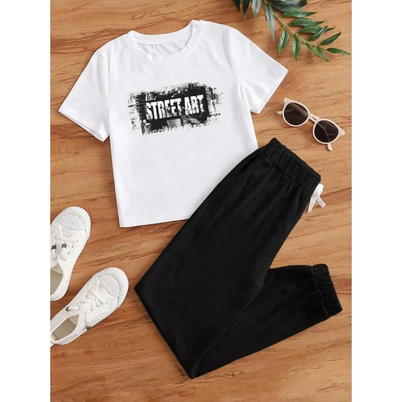 

IURNXB 2pcs Children Clothes Set Outfits Kids Short Sleeve Top+Pants Little Girls STREET Art Toddler Playwear Casual Suits 1-6Y