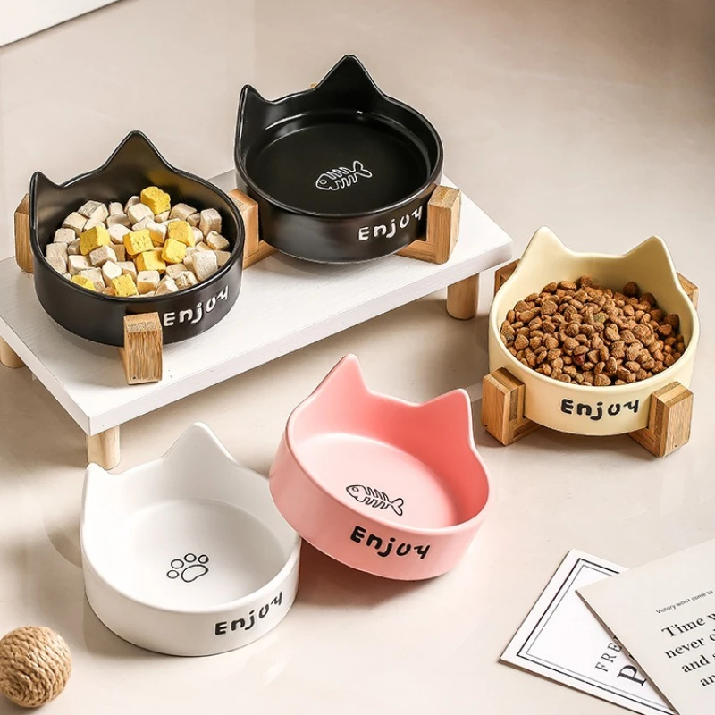 Double bol en céramique pour animaux de compagnie, bol pour chat, antidérapant, Table en bambou surélevée, bol d'alimentation, fournitures pour