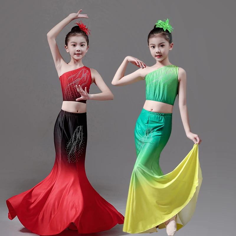 Child Dai Dance Costume Girls Peacock Fishtail Dress Performance Costume Kids Minority National Hmong Peacock Dancer Clothing