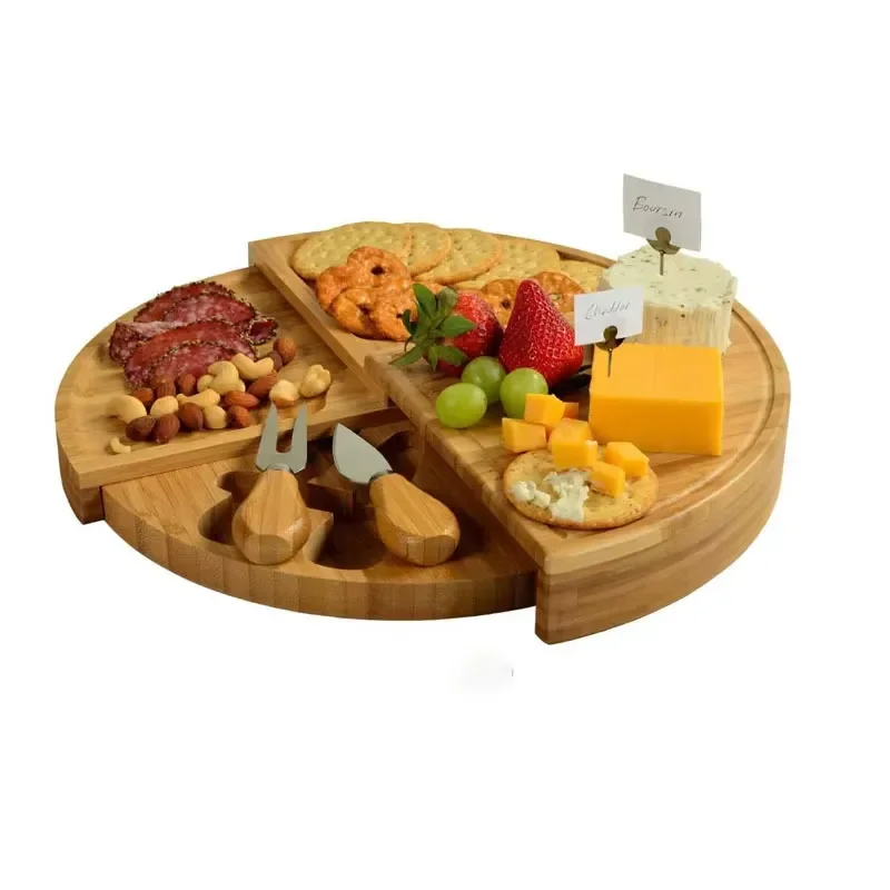 for Bamboo Fruit Tray Household Multipurpose Folding Cheese Tray Fan Rotary Knife and Fork Set Food Storage Container