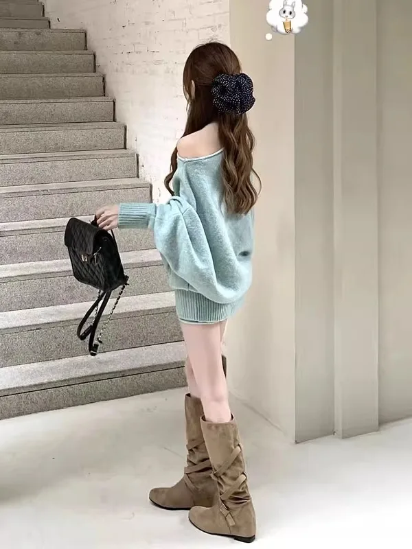 

Korean Style Gentle Wind Shoulder Baring Top And Short Shorts Set Youthful Ootd Spring Fashion Women's Comfortable Knitted Sw...