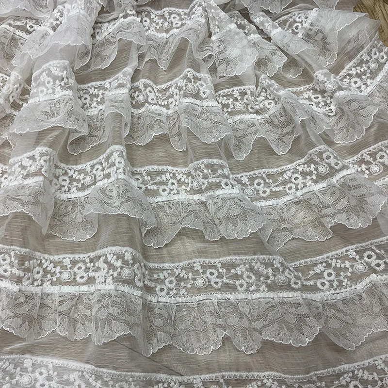 

French style cake skirt fabric, 3D lace embroidered chiffon fabric with ruffles, Lace clothing accessories, wave floral fabric