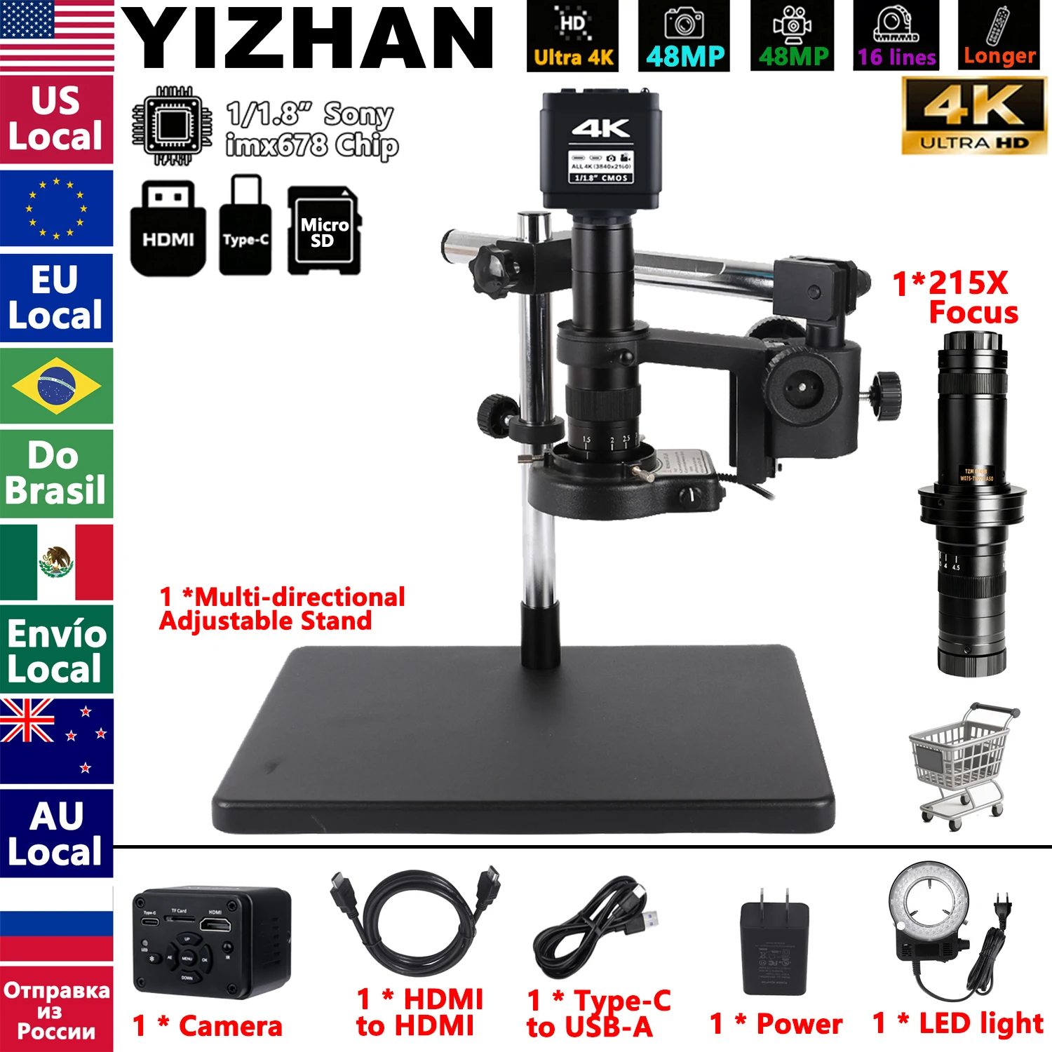 4K UHD professionele industriële microscoop voor solderen, HDMI USB digitale microscoopcamera 1/1.8 "imx678 sensor 215X 150X lens