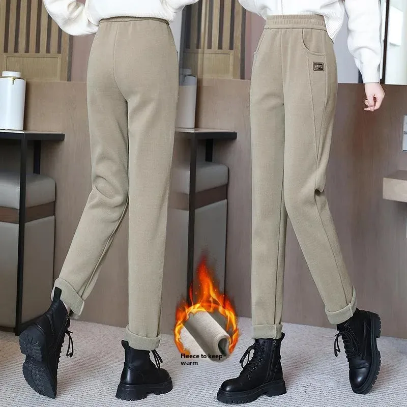 Luxury Autumn/Winter New Fleece-Lined Thickened Casual Pants Slimming Fashionable High-Waisted Warm Trousers Straight Copper Fle