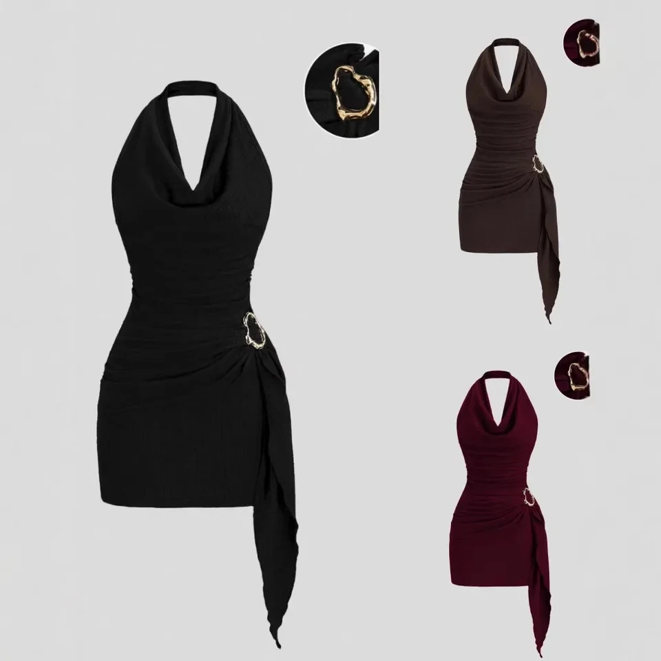 

2026 New Fashion Casual Halter Neck Backless V Neck Dress Women Metal Ring Decoration Asymmetric Hem Short Skirt