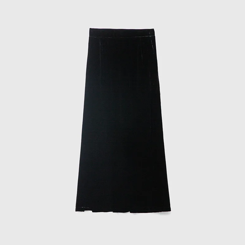 High Quality Hepburn Style Silk Velvet Waist Half Elastic Slit Hemline at Hem Black Long Skirt Spring New