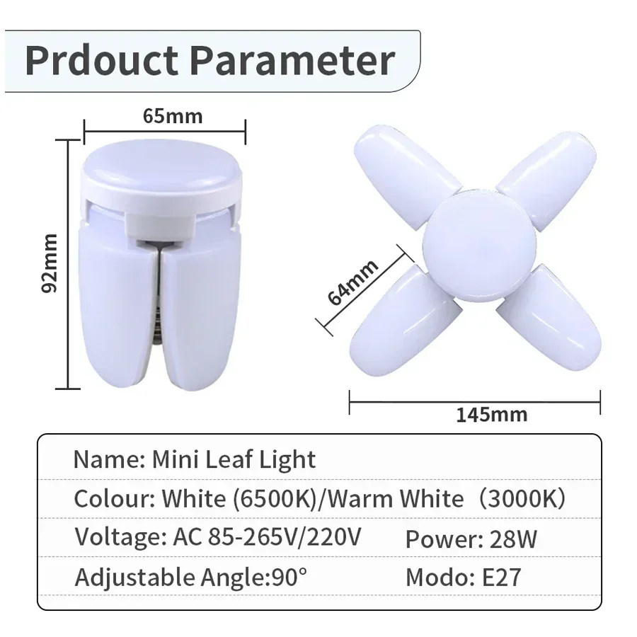 4 Leaf Shape LED Bulb AC 85-265V E27 LED Lamp 28W Foldable Led Lights Mini Leaf Light For Home Living Room Warehouse Garage