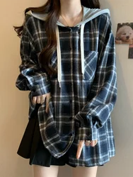 Jmprs Vintage Plaid Hooded Shirt Women Oversize Long Sleeve Y2K Blouse American Casual Harajuku Female Vintage Spring Tops New