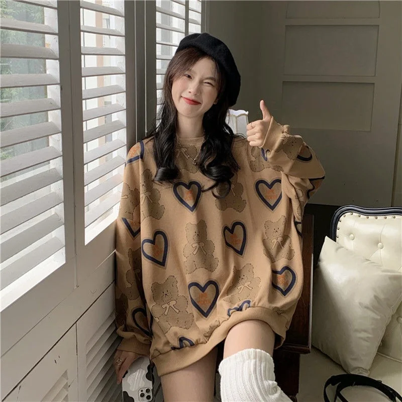 

Kawaii Beer Print Vrouwen Trui Lange Mouwen Herfst Hoodie Sweetheart Oversized Ronde Hals Patroon Pullover Streetwear korean