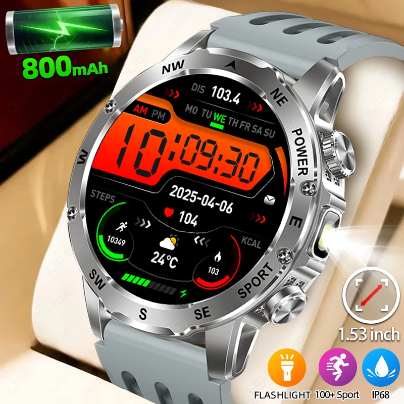 

LIGE 800 мАч супер емкость аккумулятор умные часы мужские компас фонарик 1,53 дюйма Bluetooth вызов IP68 водонепроницаемые спортивные умные часы