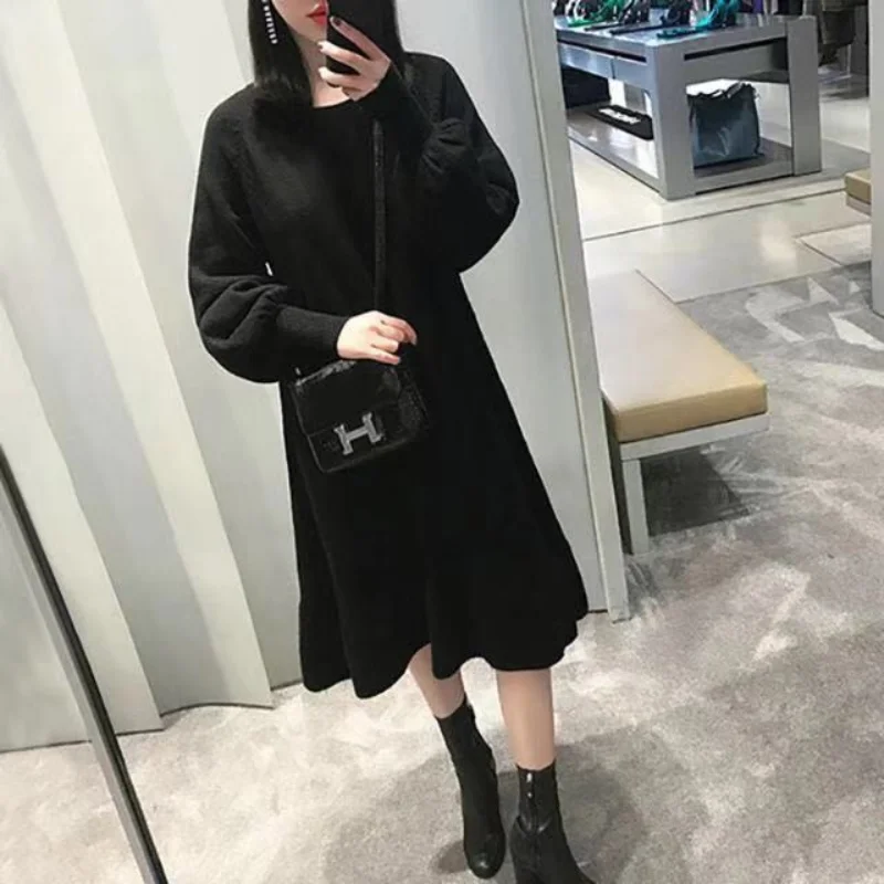 

Women Autumn Winter New Round Neck Pullover Skirt Simple Casual Knit Woolen Dress Look Thinner Versatile Lantern Sleeve Dress