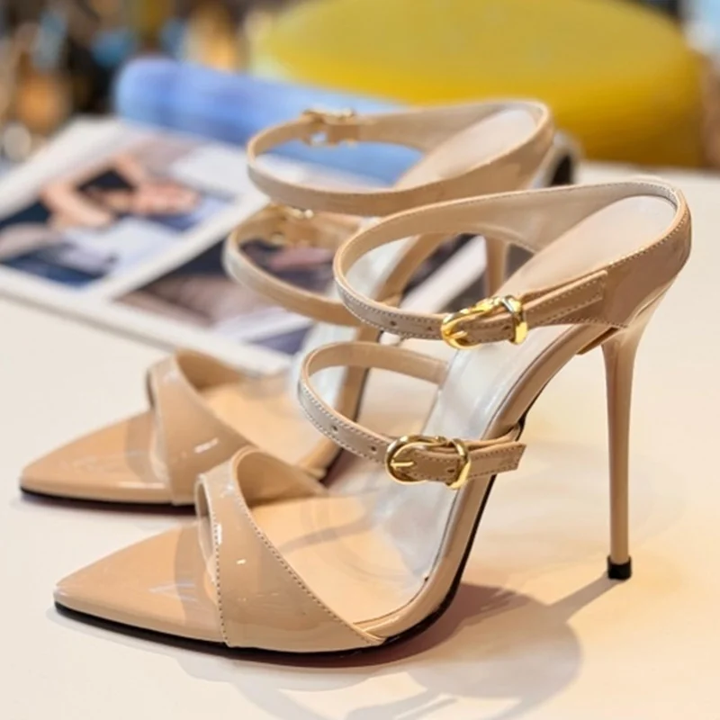 Nude Patent Leather Belt Buckle Straps High Heel Mules Pointed Toe Cutouts Slip On Cutouts Cover Heels Dress Shoes