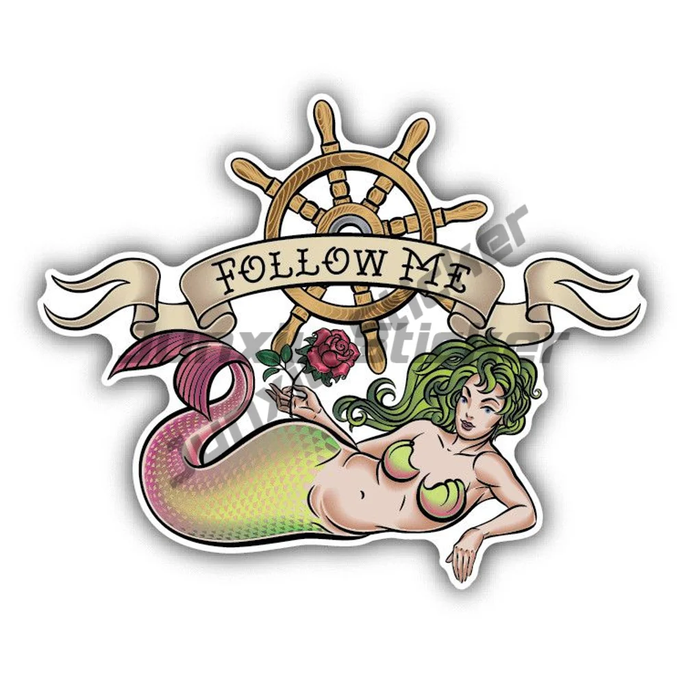 

Creativity Mermaid Follow Me Old School Tattoo Sticker Car Bumper Truck Pickup Camper Car Body Pvc Boat Accessories Decal Anti