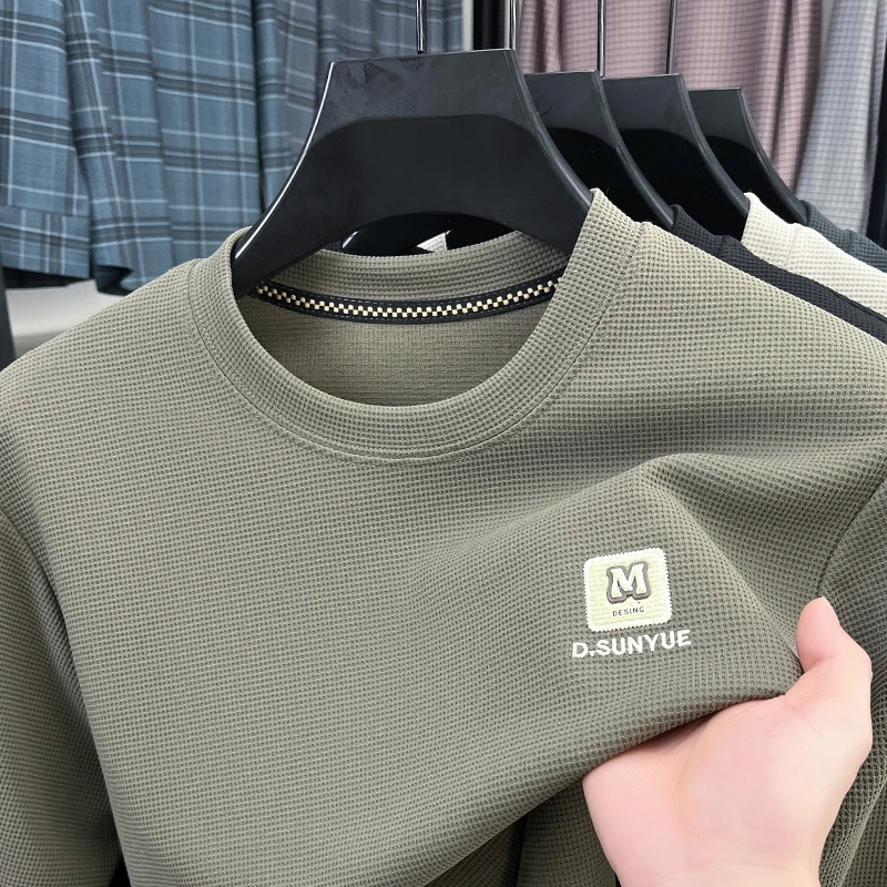 

Мужская тонкая футболка с длинными рукавами, весна-осень 2024, удобный свитшот с вафельным вырезом, универсальный повседневный топ