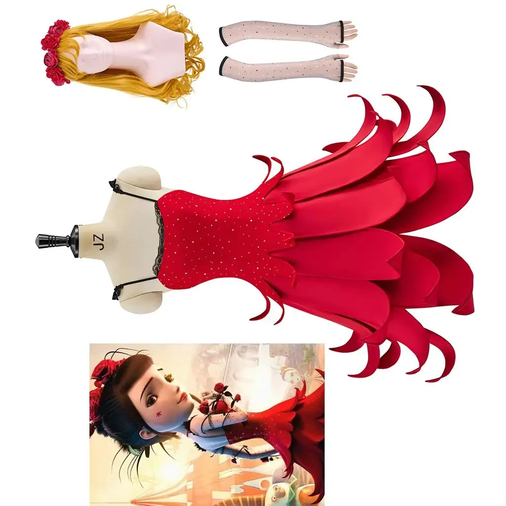 

Anime Jack and the Cuckoo Cosplay Miss Acacia Costume Women's Red Slip Dress Full Set Halloween Carnival Party Queen Ball Gown