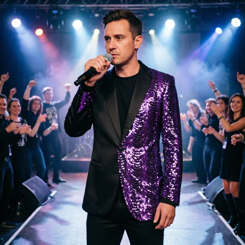

Men's Luxury Blazer with Purple Sequin Wave Design - One Button Slim Fit Suit Jacket for Stage Performance, Singer, Host, Party