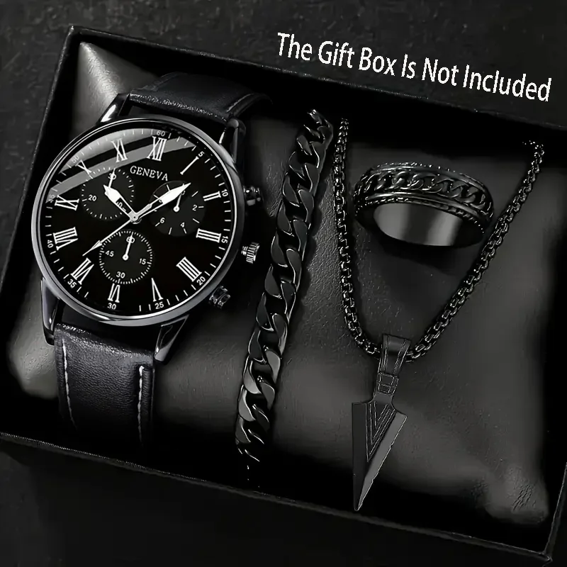 4pcs/set Men's PU Strap Black Roman Numeral Quartz Watch+accessory Set, Casual Business Sports Style, Men's Watch Set (No Box)