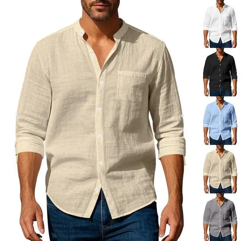 

Men's Bright White Linen Cotton Blend irt Collar ort Sve Regular Fit Casual Busin Faion Mid-aged And ly
