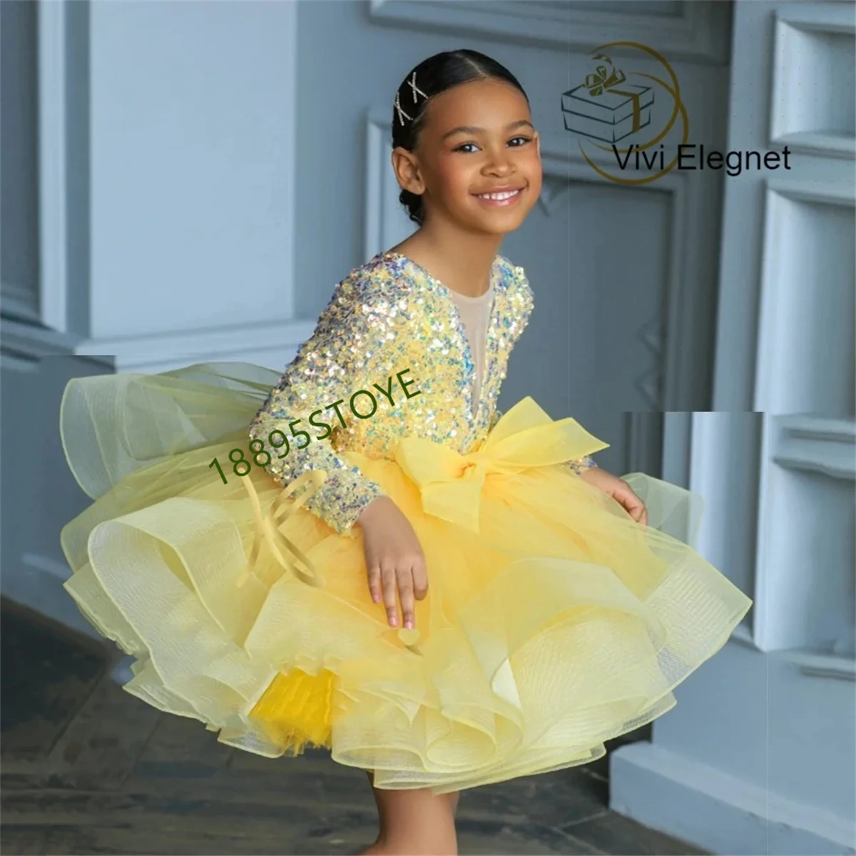 

Short Sleeve Flower Girl Dresses Tiered Sequined Communion Dresses Girls Summer Knee Length Zipper Back Wedding Party Gowns