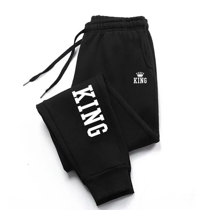 King Print Running Pants Mens Spring Autumn Drawstring Pants Street Style Sports Pants Fitness Solid Sweatpants