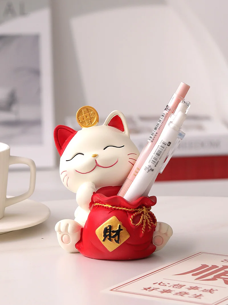 Lucky Cat Pen Holder Small Ornament Ins Creative Gift Living Room Desktop Office Good Things Home Room Decoration