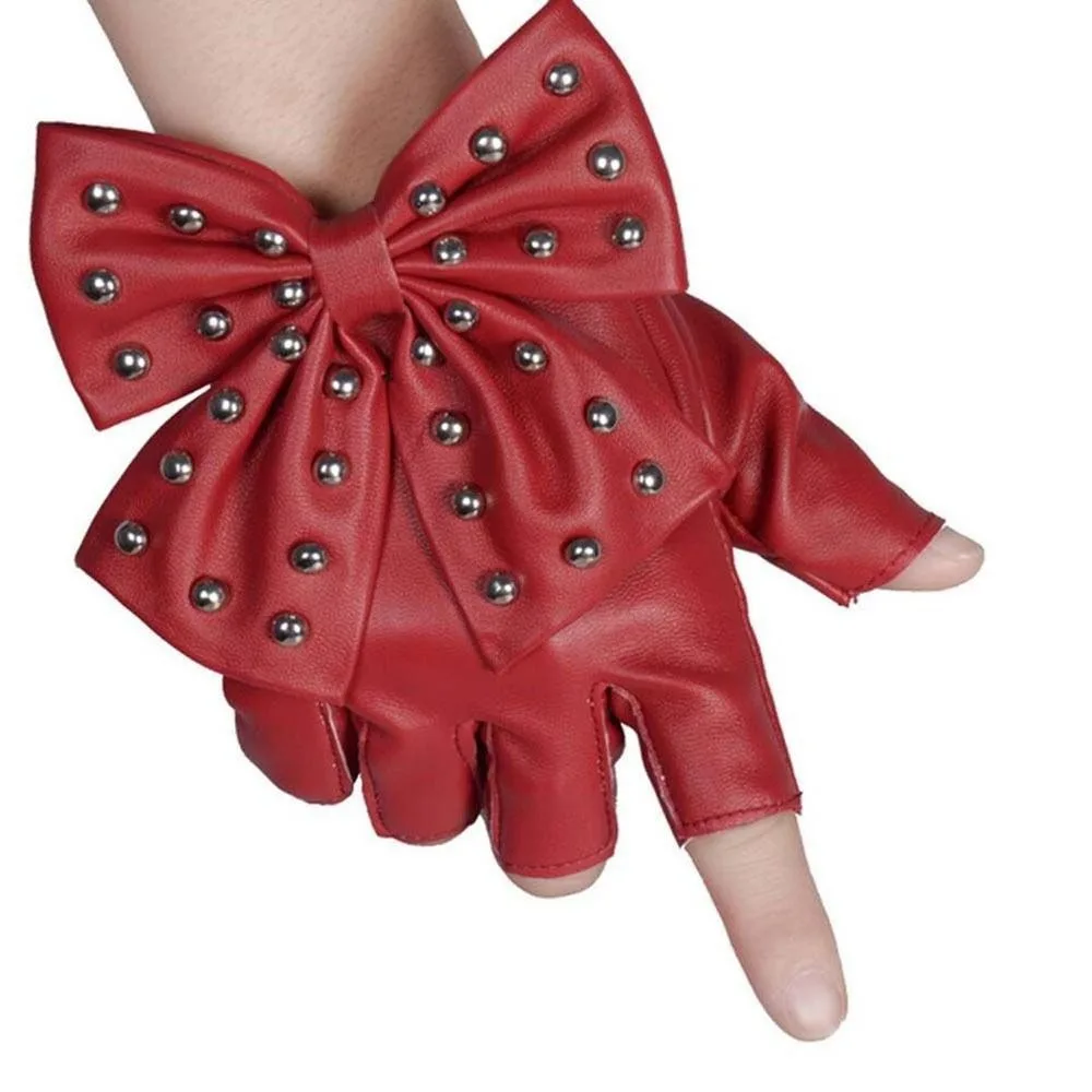 New Big Bow Dancing Gloves Imitation Leather Rivet PU Material Half Finger Gloves Korean Anime Street Dance Women Gloves