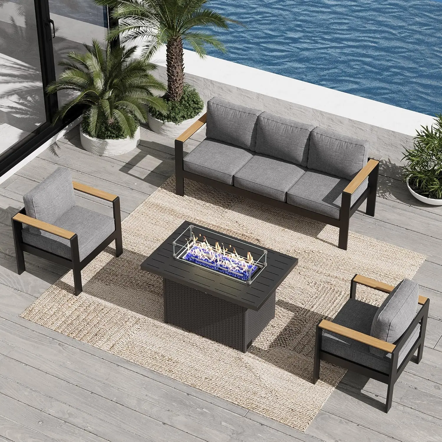 

Aluminum Outdoor Patio Furniture Sets, 4 Piece Metal Patio Conversation Sets with Fire Pit with 5 Inch Cushion for Garden Backya