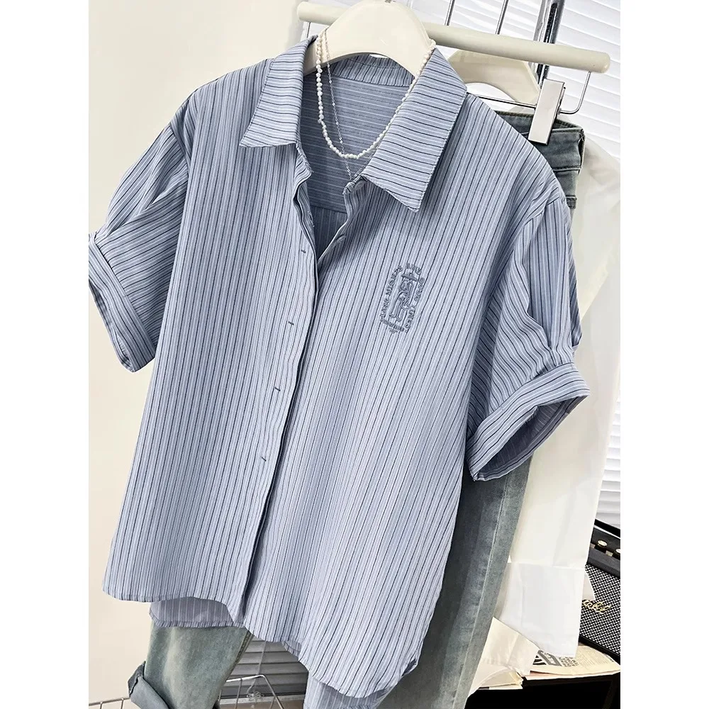  de manga corta bordado a rayas azules para mujer, Top informal hoado con anchura de hombros, longitud Regular, fibra d...