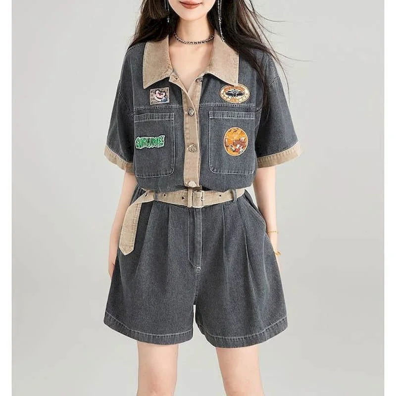 

Denim Jumpsuits for Women American Style Short Sleeve Playsuits Vintage Loose Wide Leg Shorts One Piece Outfits Women Clothing