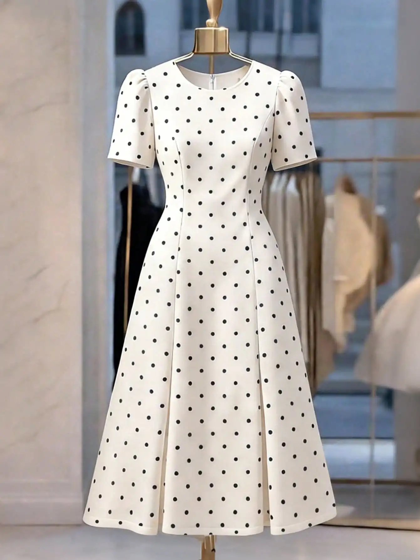 

Элегантное женское платье миди А-силуэта с рукавами-фонариками в горошек