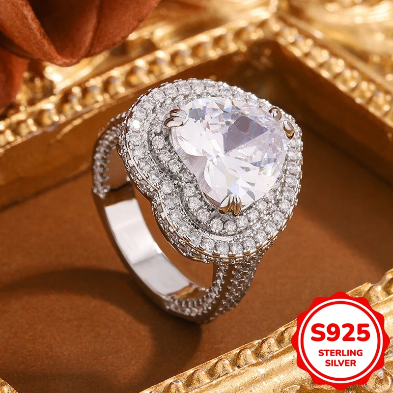 

Elegant and authentic S925 sterling silver love-shaped full diamond couple ring women's engagement wedding gift jewelry