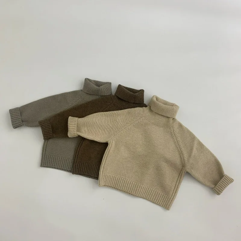 

2025 New Korean-style children's sweater solid color high-neck base layer, boys thickened pullover knitted sweater