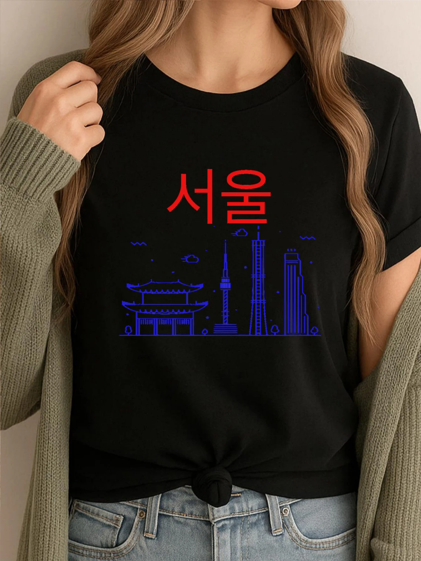 

Seoul Korea In Hangul Hiphop Streetwear High Quality Graphic Tees Women Oversized Leisure Printed Clothes