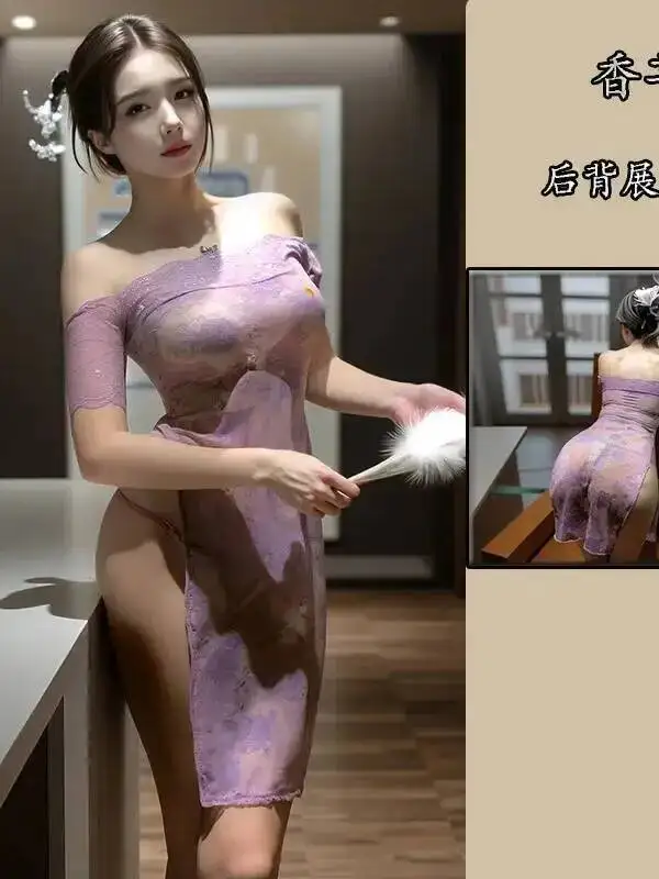 Sexy Spitze Lila Cheongsam Kleid Rückenfrei Tiefem V Kurzarm Schulter Leckage Transparent Blumendruck Kleid Pure Desire Q6W6
