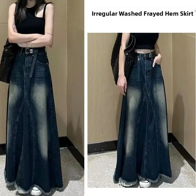 

Джинсовая юбка-футболка с завышенной талией в стиле ретро для женщин, трапециевидной формы средней длины, ленивый Sle, весна 202, новая коллекция с высокой талией