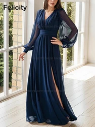 Simple Mother of the Bride Dress 2023 A-Line V-Neck Formal Wedding Guest Dresses Long Sleeves Chiffon Pleated فستان حفلات الزفاف