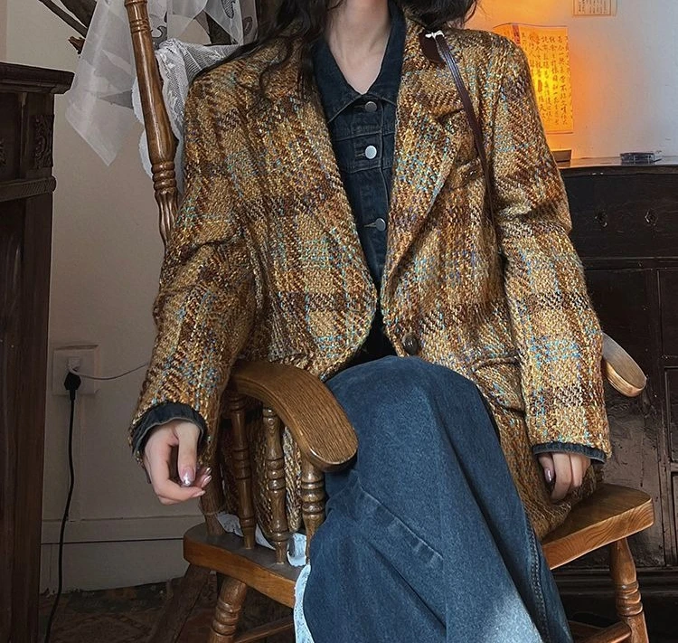 Retro Loose Suit Women's 2023 Autumn/winter Lazy Plaid Jacket High-end