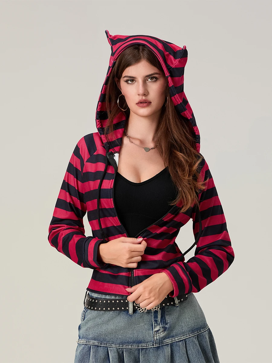 New Fashion Women Striped Zip Up Hoodie Contrast Color Raglan Long Sleeve Fall Sweatshirt Jacket Club Street Style S M L