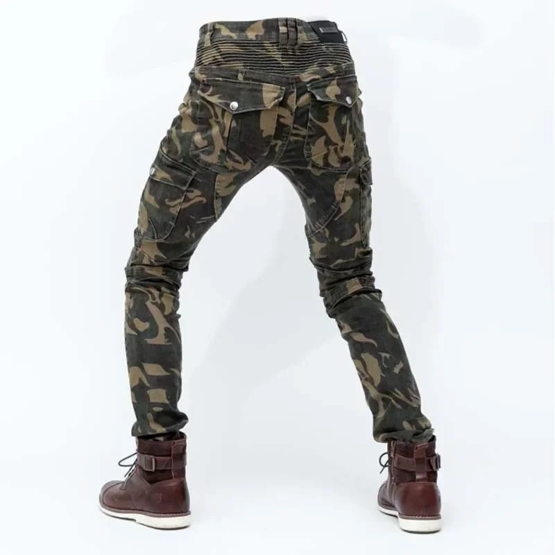 Camouflage Motorcycle Pants Men Anti-fall With Protective Gear Cycling Denim Joggers Mens Elasticity Straight Riding Trousers