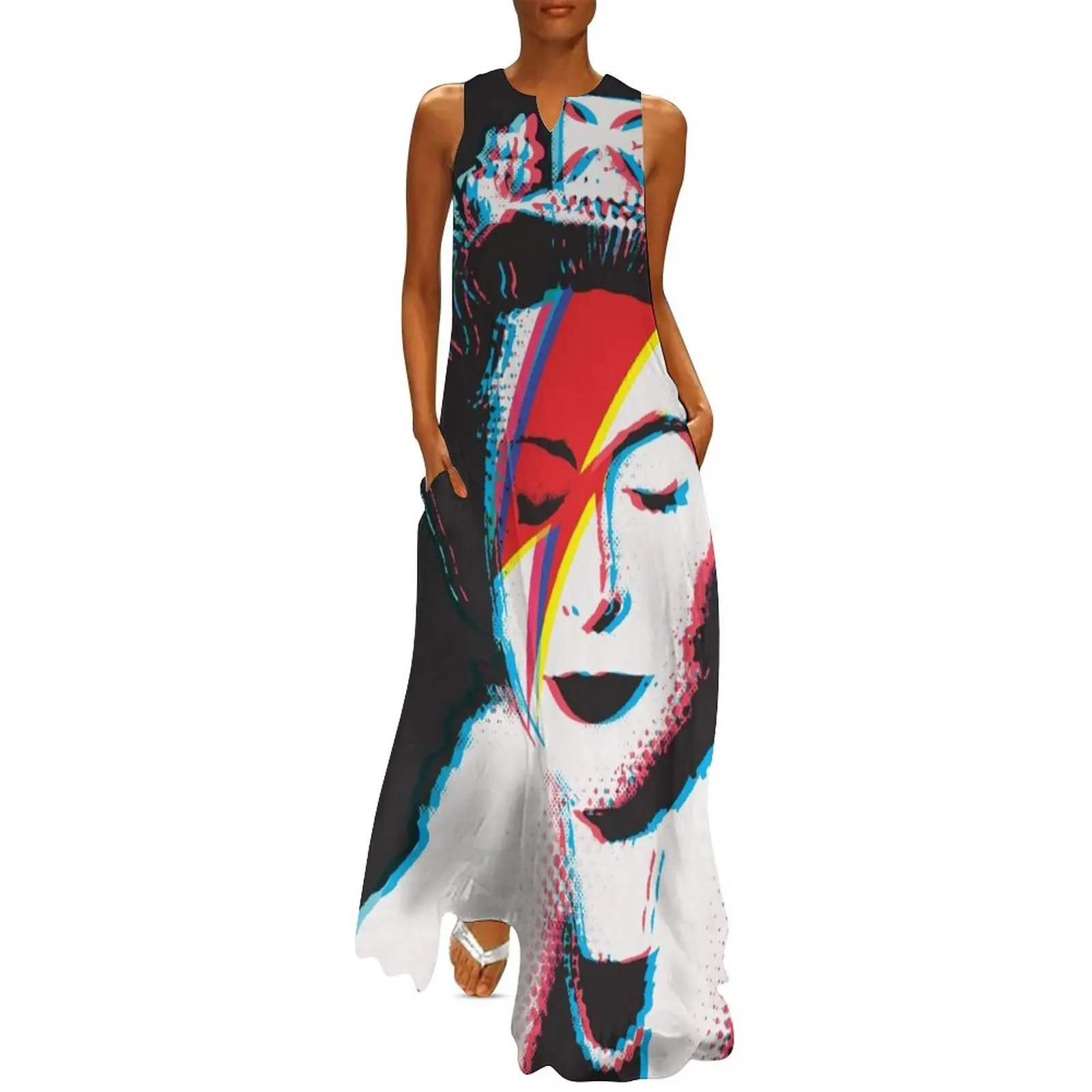 

Banksy UK England God Save the Queen Elisabeth rockband face makeup lightning red and blue 3D anaglyph Retro effect H Long Dress