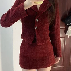 Blazer di lana corti a vita francese invernale da donna cappotto gonna vestito retrò tinta unita in vita cappotto di lana gonna a due pezzi