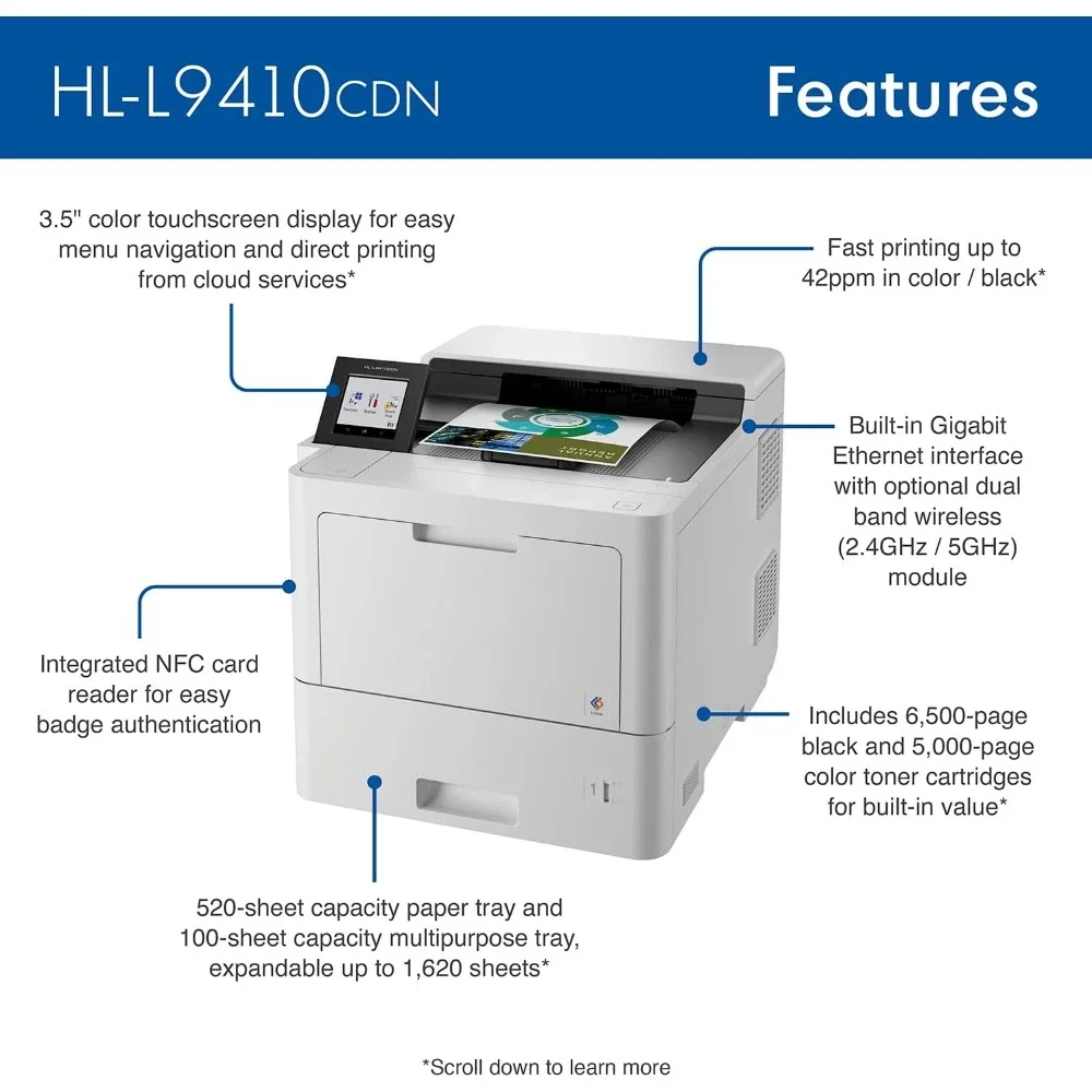 طابعة ليزر ملونة HL‐L9410CDN Enterprise مع طباعة سريعة وسعة ورق كبيرة وميزات أمنية متقدمة