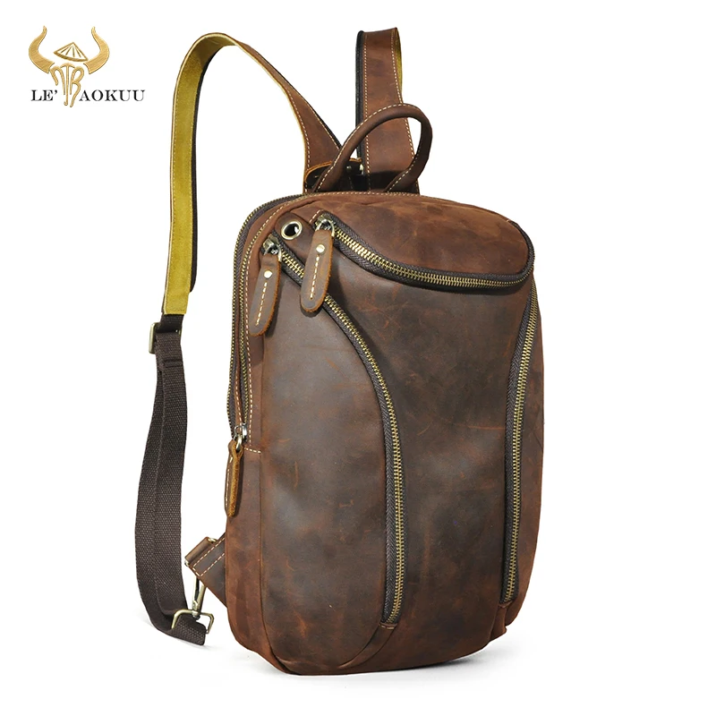 Genuine Crazy horse Leather Retro Multi-purpose Chest Pack Sling Bag Design Travel One Shoulder Bag Backpack For Men Male 8862