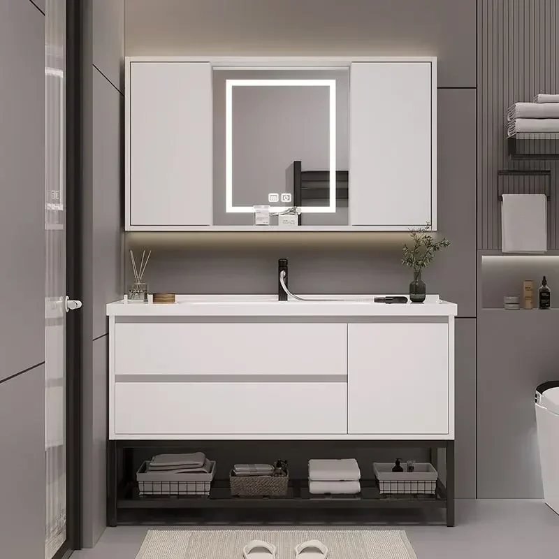 White Bathroom Vanity with Pure White Quartz Countertop & Backsplash, Center Rectangular Sink, 2 Soft Closing Drawers Door