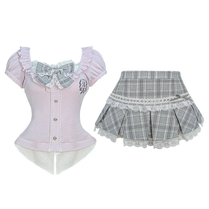 Japanese Kawaii Preppy Style Skirt Sets Women Sweet Lace Patchwork Bow Tops Y2k Plaid Mini Skirts Female Elegant Lolita Outifits