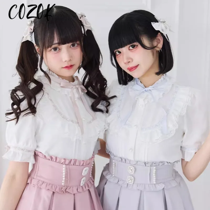 Nuova camicia giapponese Versatile retrò monopetto Fungo Bordo in pizzo Skinny Dolce Industria pesante Lolita Camicetta Top carino per le donne