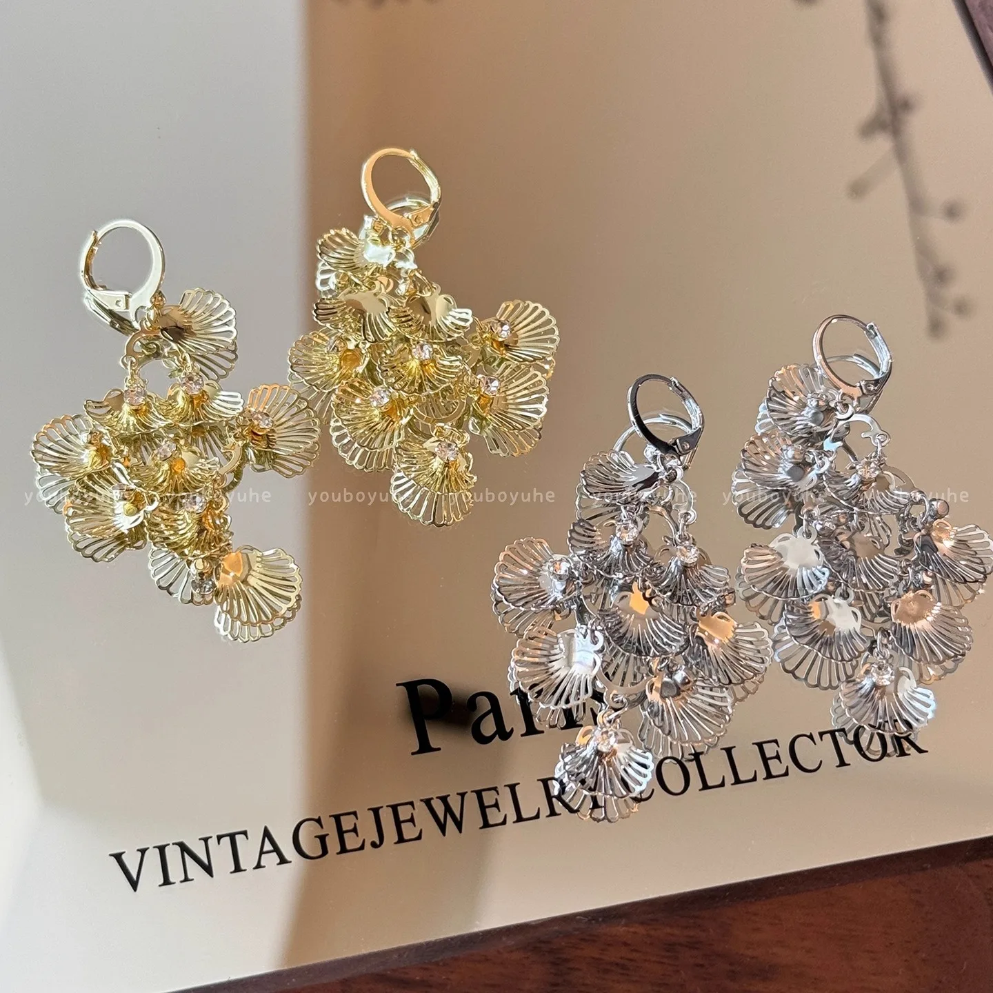 Shell Earrings Silver Tone Fan Shape Hollow Sequin Glamorous Unique Design Drop Dangle Women Office Party Daily Jewelry