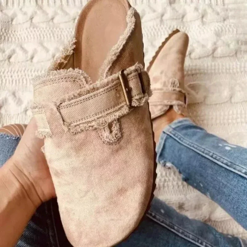 Zapatillas de lona de verano 2024 para mujer, zapatos informales a la moda con punta cerrada, sandalias cómodas con estampado de moda, sandalias